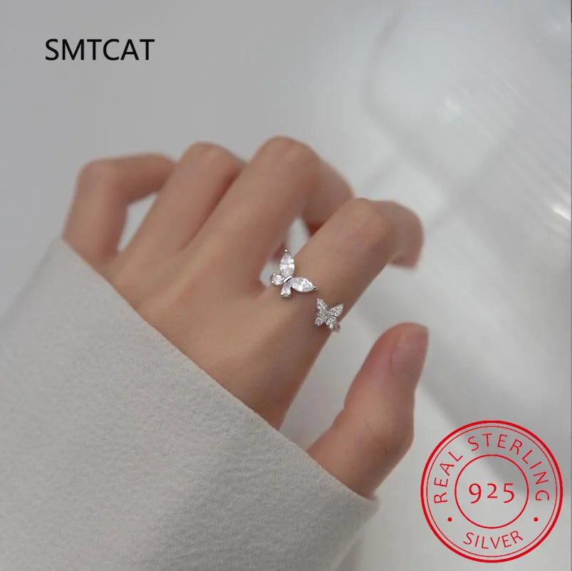 Real 925 Sterling Silver Fashion Sweet Insect Butterfly Adjustable Ring For Women Wedding Party Jewelry Gift DG0182