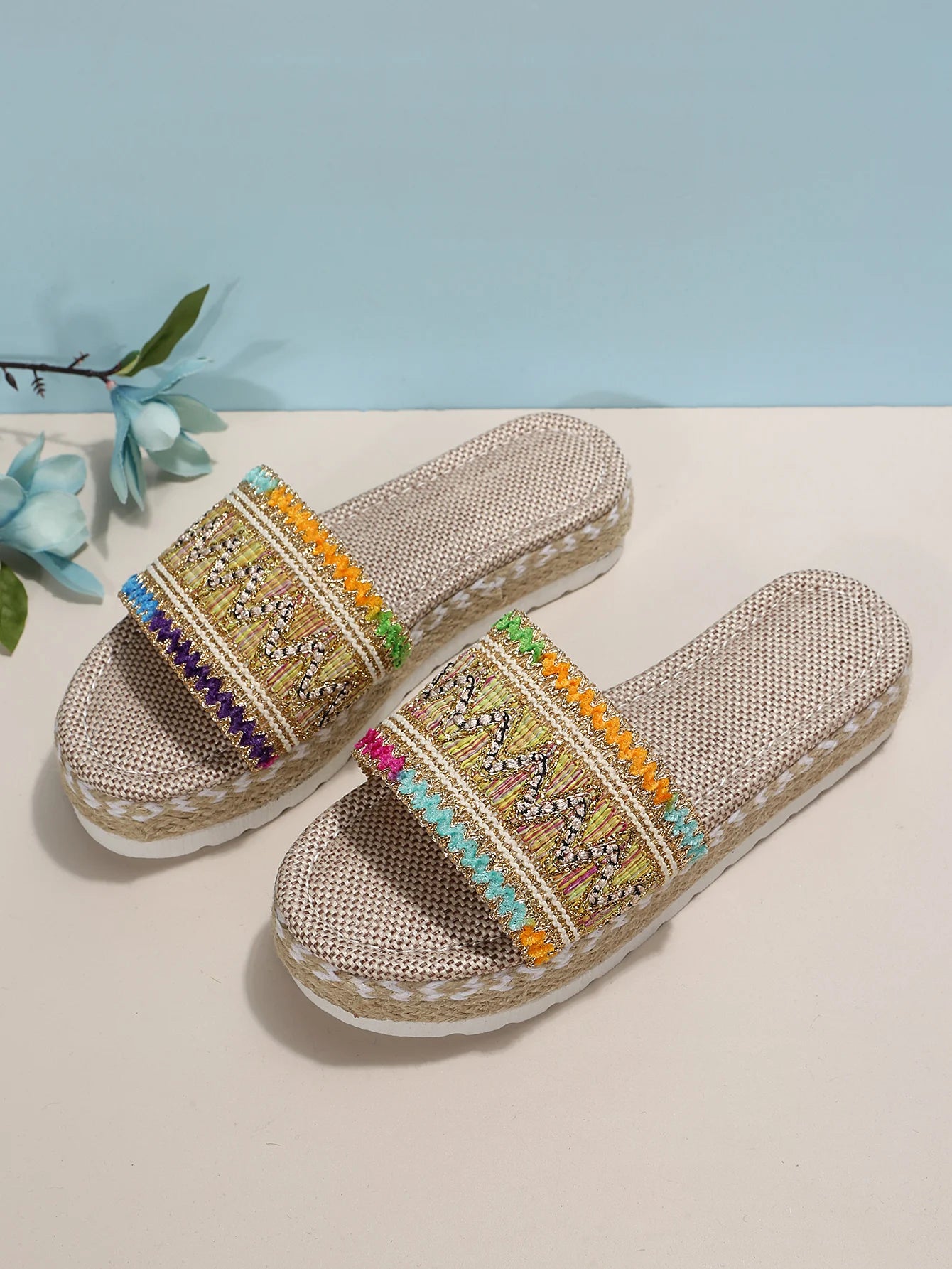 Gewebte Damen Pantoletten Platform - Sommer Schuhe für Damen 2025 Neu - Strand Casual Absatz Sandalen Bohemian Handgemacht Espadrilles