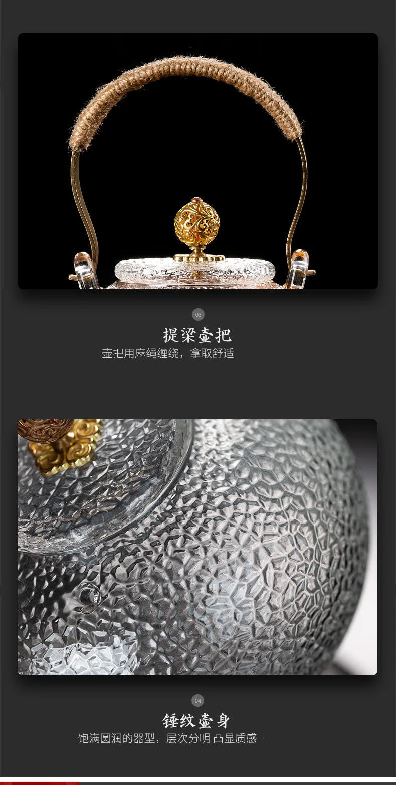 Japanese-style Hammer Pattern High Temperature Resistant Glass Tin Flower Copper Handle Beam Pot Teapot Glass Tea Set