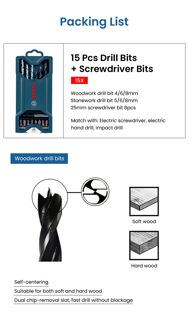 Bohrer-Set 2025: Bosch 15pcs Screwdriver Bits Impact - Woodworking Stone Drill Bit 4/6/8mm Collection