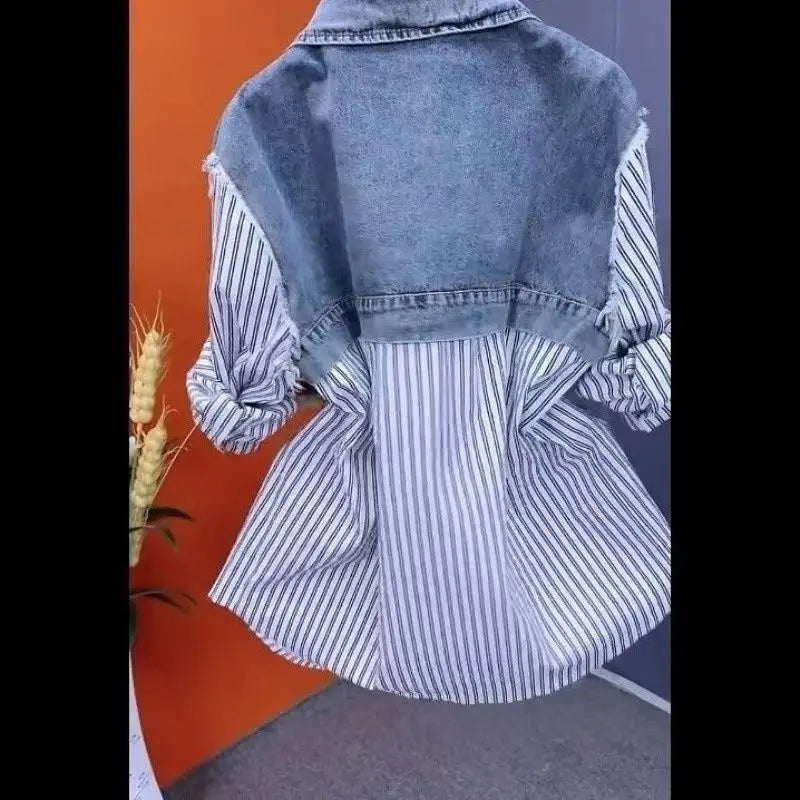 Fashion Striped Denim Jacket Women's Spring/summer 2024 New Design Sense Stitching Women Jackets Temperament Coat Top