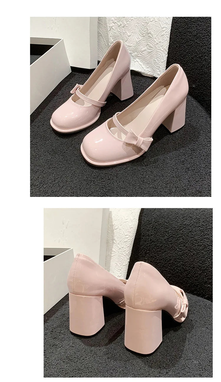 Elegant Heel Shoes Ladies 8cm High Heel Bowknot Solid Mary Jane Zapatos Adult Dress Pink White Black Cosplay Footwear