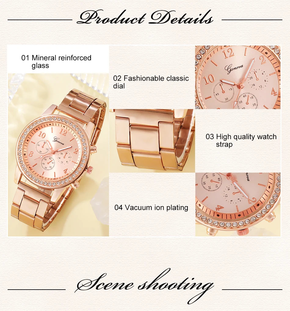 RoséLuxe 6er Set Roségold Schmuckuhr- Strass 38mm Edelstahl