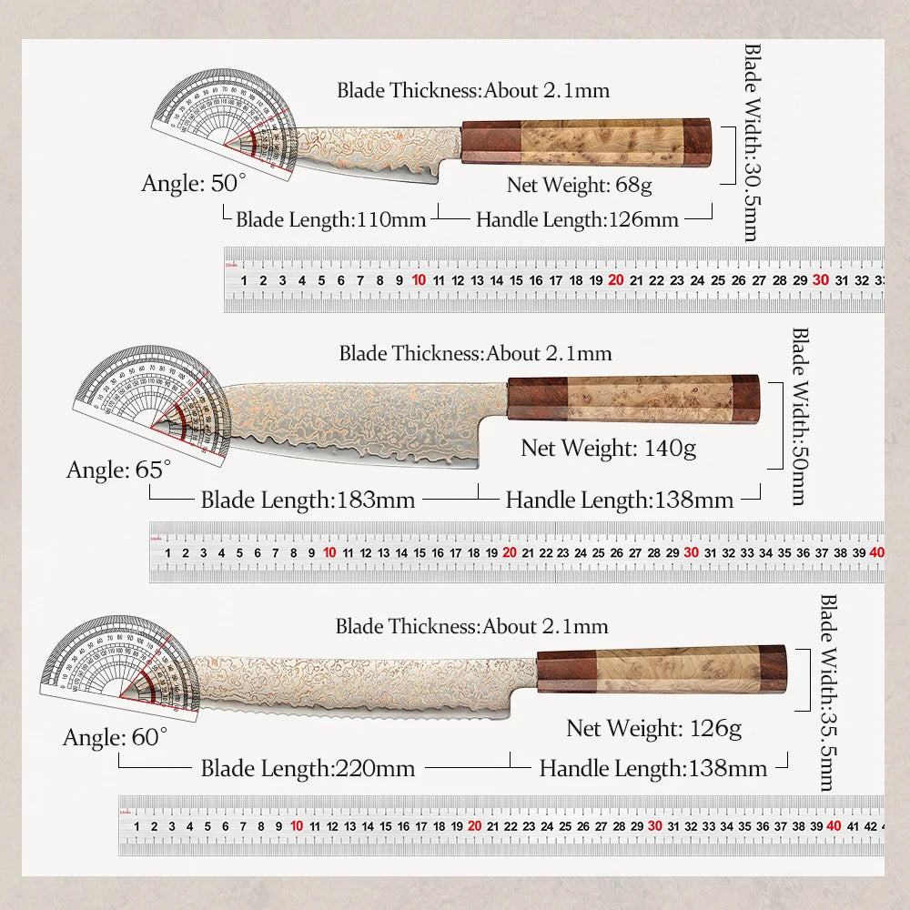 HEZHEN 1-5PC Knife Set 37 Layers Tricolour Copper Damascus Steel Chef Knife Classic Octagonal Handle Kitchen Knives Gift Box