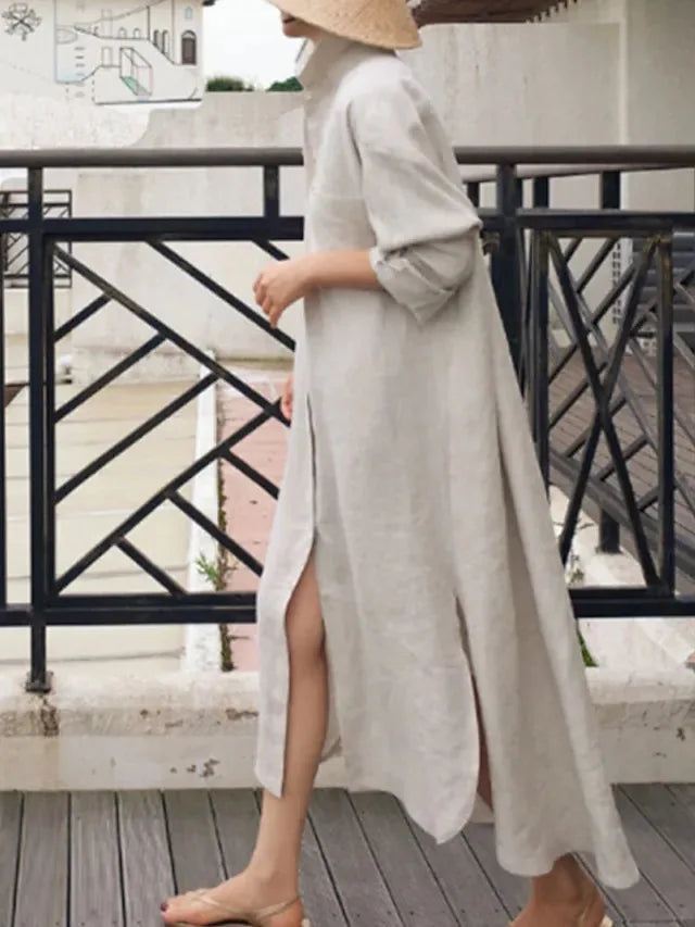 Elegant Women Shirts Dress Spring Fashion V-neck Long Sleeve Cotton Linen Maxi Dresses Ladies Casual Holiday Vestidos 2024 Robes