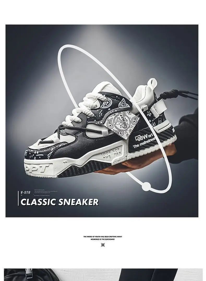 Mens Shoes 2025 Platform Sneakers New Trend Design Graffiti Skateboard Shoes Lace UP Soft Sole Non Slip Outdoor Sports Shoes