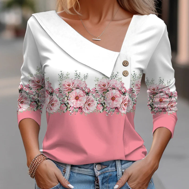T Shirt For Women Fashion Long Sleeve Top White Floral Print Shirts And Blouses 3D Print Clothes For Women 2025 y2k