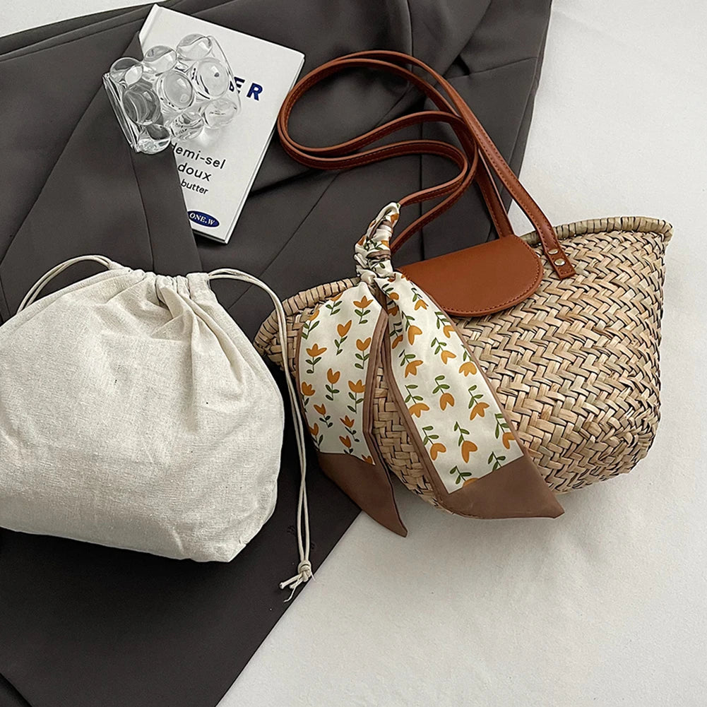 Geantă de plajă de vară pentru femei, țesătură de paie, mare capacitate, cu panglică, elegantă, pentru petrecere, vacanță