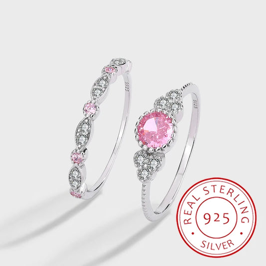 Personalized Stacking Ring Genuine S925 Silver Pink Zircon Fashion Versatile Double Layer Ring Ring