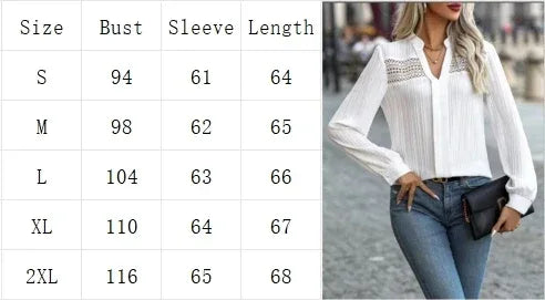 Elegant Office Lady White Shirt Women V-Neck Long Sleeve Lace Spring Autumn Work Clothes - Golden Bridge Store