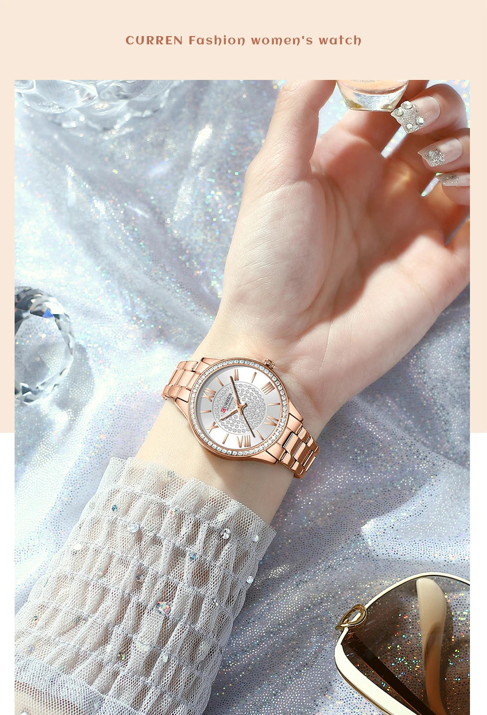 CURREN Luxus Uhr Damen Ring Halskette Ohrringe - Strass Mode Armbanduhr Weiblich Casual Damen Uhren Armband 5-teiliges Set