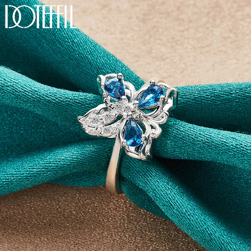 DOTEFFIL 925 Sterling Silver Blue AAA Zircon Fluture Inel Pentru Femei Moda Nuntă Logodnă Petrecere Cadou Charm Bijuterii