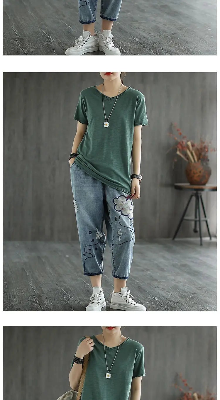 Embroidered Jeans Women Spring and Summer New Cropped Retro Casual Oversized Loose High Waisted Embroidered Slim and Versatile