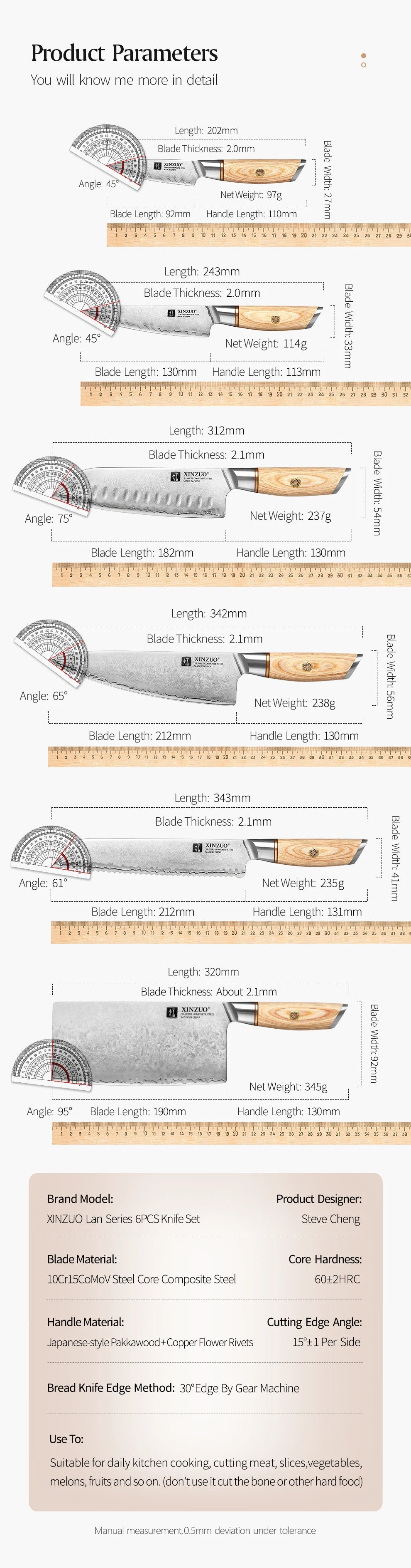 XINZUO 1-6PCS Pro Kitchen Knife Set – 10Cr15CoMoV Steel Core Blades & Japanese Pakkawood Handle for Ultimate Precision