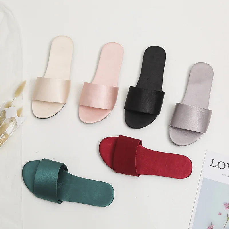 Women Beach Slippers 2024 Summer Flat Shoes Woman Slip On Slides Silk Style Female Slip On Sandals Girls Indoor Outdoor Slippers