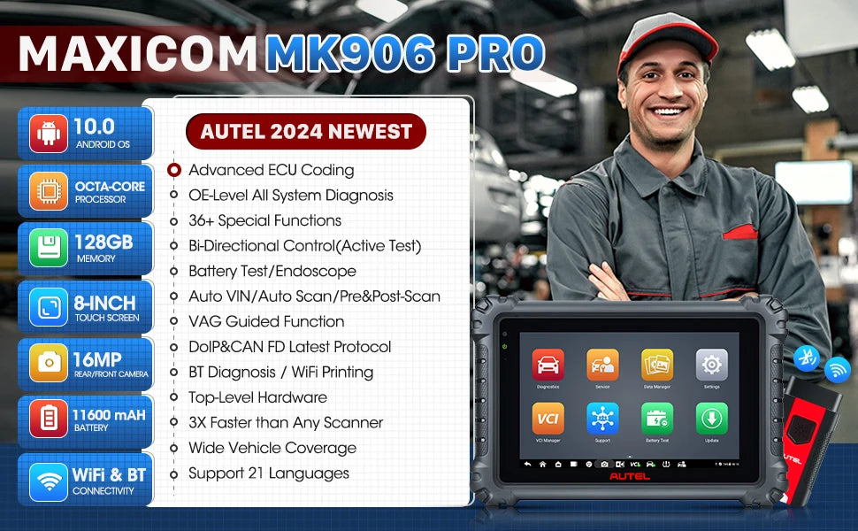 Autel MaxiCOM MK808BT Pro OBD2 Scanner Instrument de diagnosticare auto Cititor de coduri cu test activ, diagnosticare completă a sistemului, peste 28 de servicii