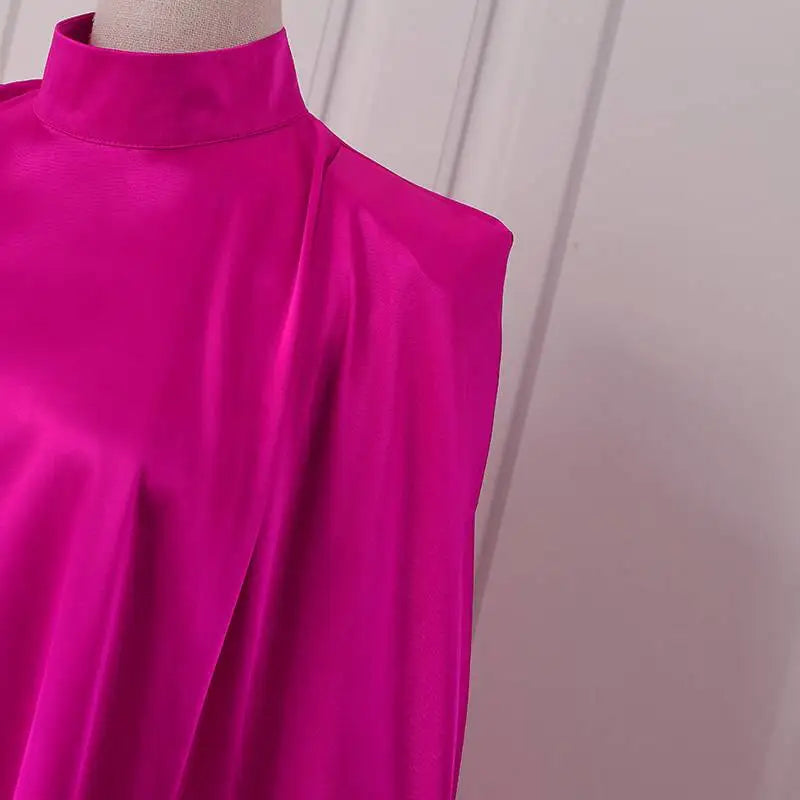 Elegant Evening Dress 2024 VONDA Women Pleated Stand Collar  Long Sleeve Satin Party Sundress Casual Solid Loose Robe Vestidos