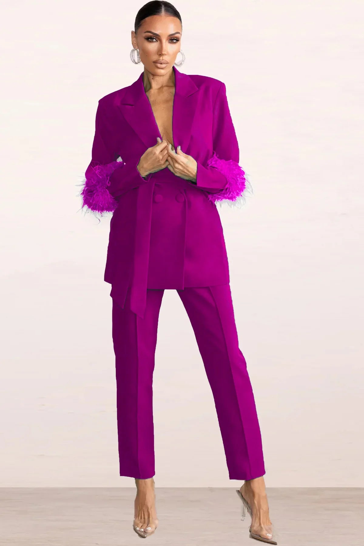 Femei elegante 2 piese set solid cristat guler blazer fermoar pantaloni lungi pene palton costum doamnelor toamna iarna birou ținute