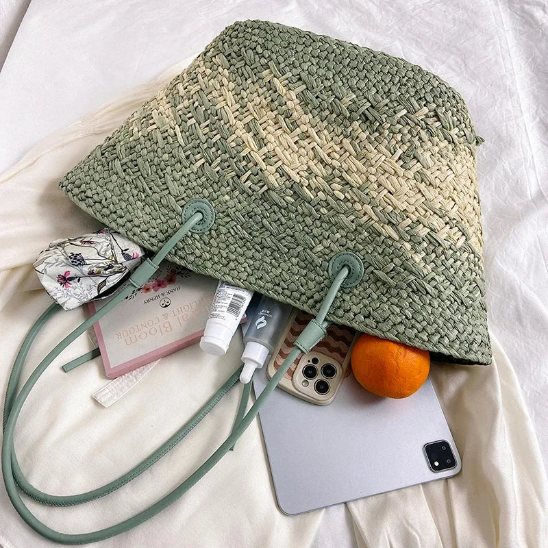 Geantă de plajă de vară, țesută manual, cu capacitate mare, din paie, cu design în gradient de culoare, pentru femei, geantă de umăr pentru călătorii și vacanțe