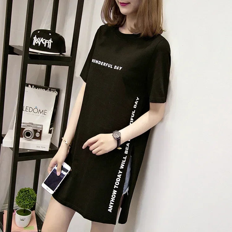 Women T-shirts Anime Y2k T Shirts Gothic tops 2023 Summer Loose Slit Femme Cotton T shirt Print Long Short Sleeve Ladies T-shirt