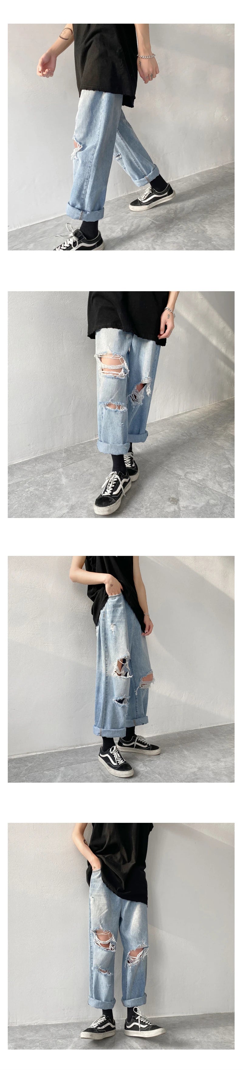 Herren Ripped Jeans 2025 - Summer Blue Loose Fit Hole Wide-leg Streetwear Denim
