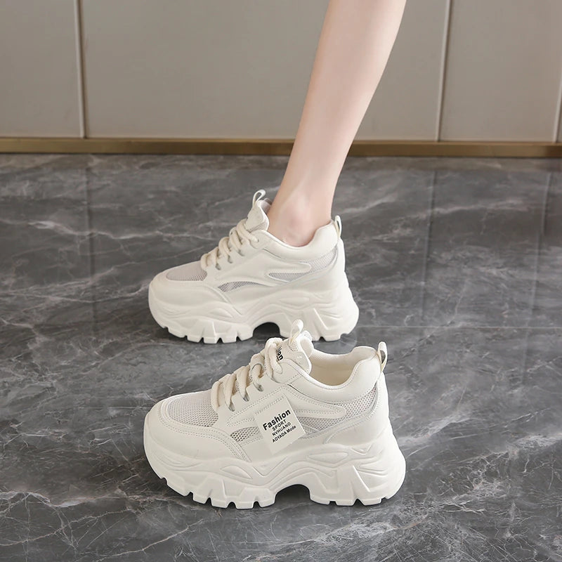 Whiet Breathable Chunky Sneakers Woman 2025 Spring Thick Platform Casual Sneakers Women Non Slip Lace Up Sports Shoes Female