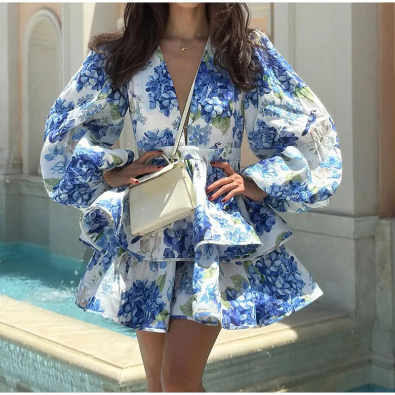 Women Elegant Floral Print V-neck Ruffle Mini Dress Summer Sexy Long Puff Sleeved High Waist Vestidos Female Beach Vacation Robe