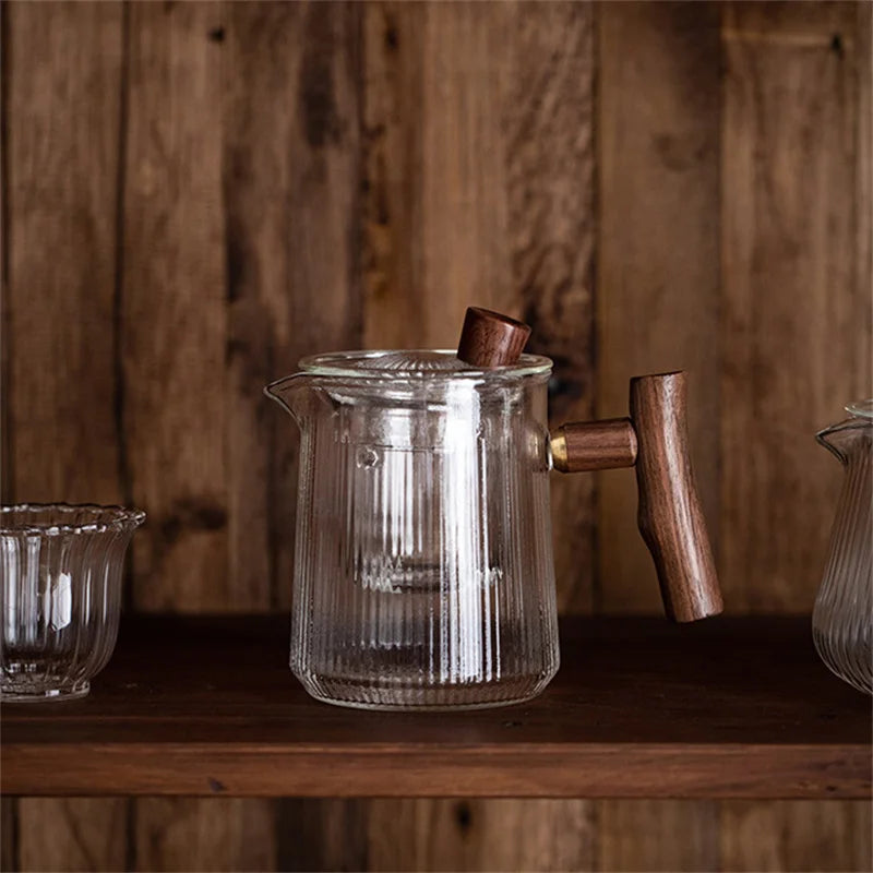 Japanese Heat Resistant Vertical Stripe Glass Tea Pot Wood Handle Teapot Kung Fu Tea Set Puer Kettle Coffee Glass Pot Teaware