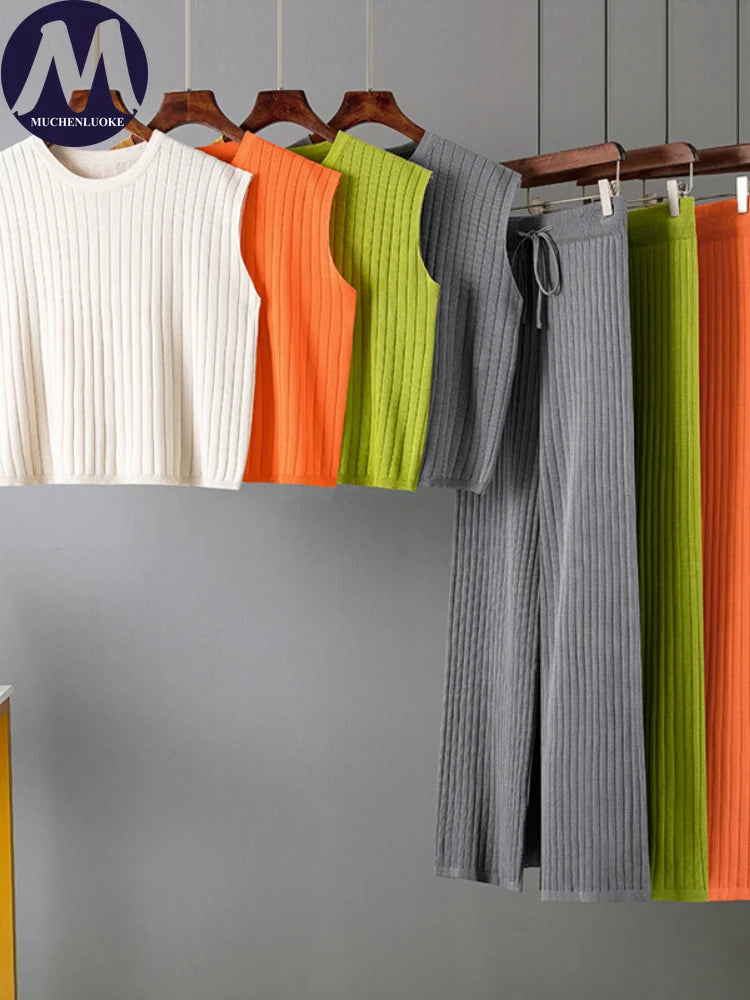 Elegant 2-Piece Sets for Women, Casual Knitting, Sleeveless, O Neck Tops, Loose Lace Up, Wide Leg Pant Set, Summer Fashion, New