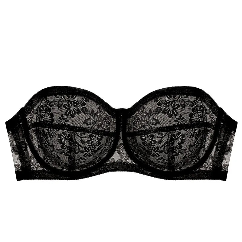 Women's Lingerie Strapless Ultra Thin Bra Transparent Embroidery Floral Brassiere Sexy Invisible Bralette Ladies Underwear