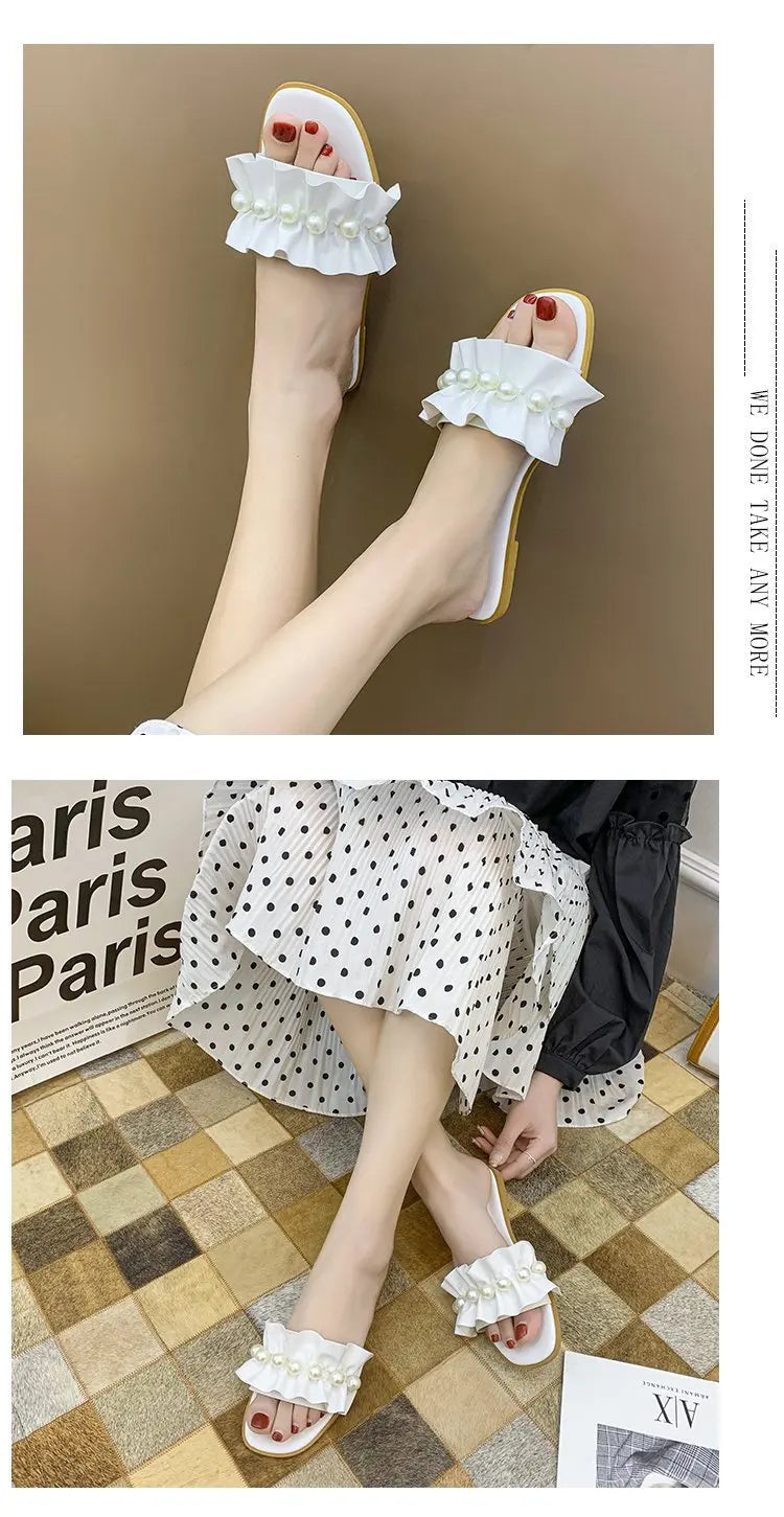 Women Slides Faux Pearl Decor Ruffle Trim Sandals Open Toe Wear-resistant Flat Slippers Summer Sandy Beach Sandals Women Shoes