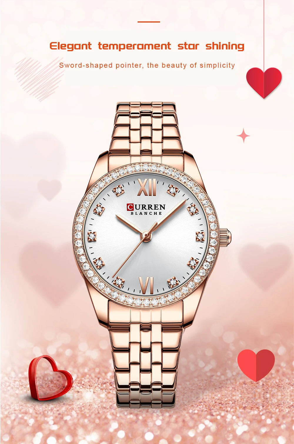 CURREN Luxus Uhr Damen Ring Halskette Ohrringe - Strass Mode Armbanduhr Weiblich Casual Damen Uhren Armband 5-teiliges Set