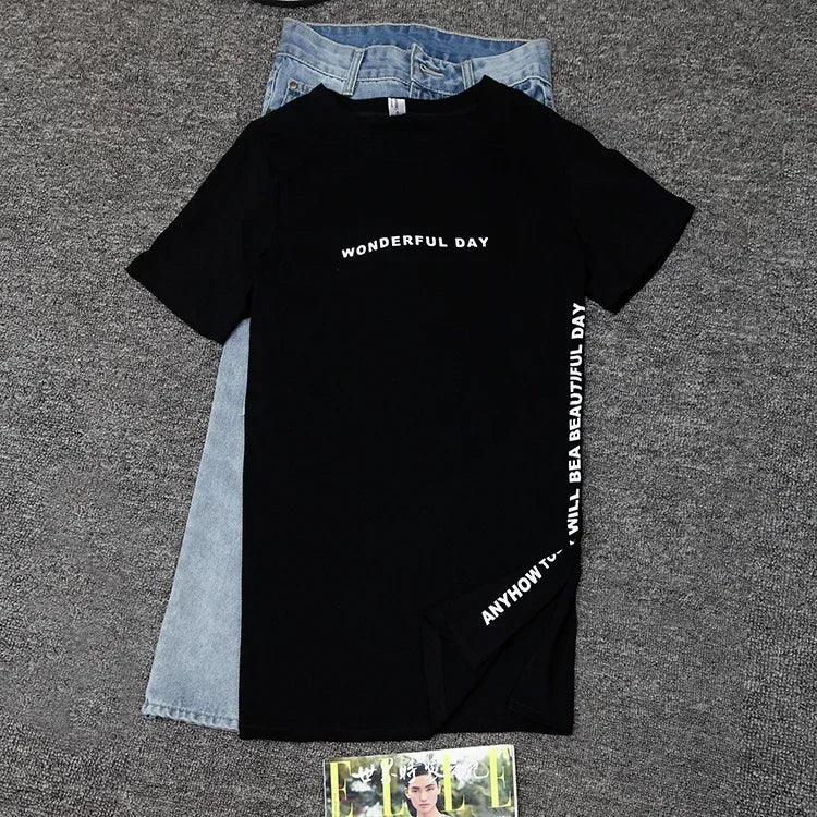 Women T-shirts Anime Y2k T Shirts Gothic tops 2023 Summer Loose Slit Femme Cotton T shirt Print Long Short Sleeve Ladies T-shirt