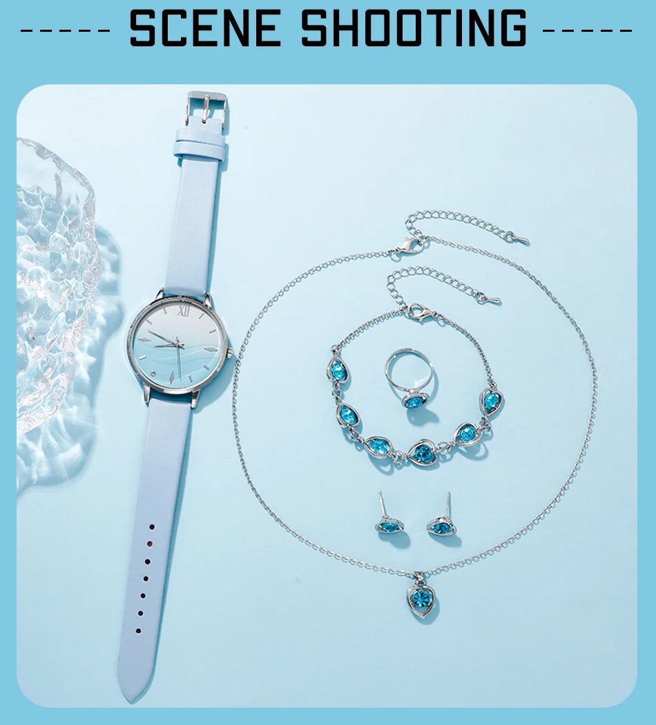 Moda 6er Set Quarz Uhr Damen - Blau Strass Leder 18mm