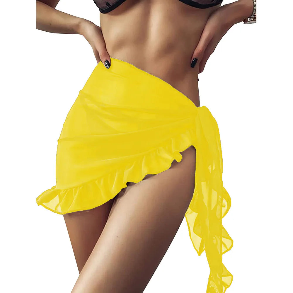 Badeanzug Coverups Für Frauen Rüschen Saum Sarong Strand Bikini Wrap Durchsichtig Kurzer Rock Chiffon Schal Für Schwimmbekleidung