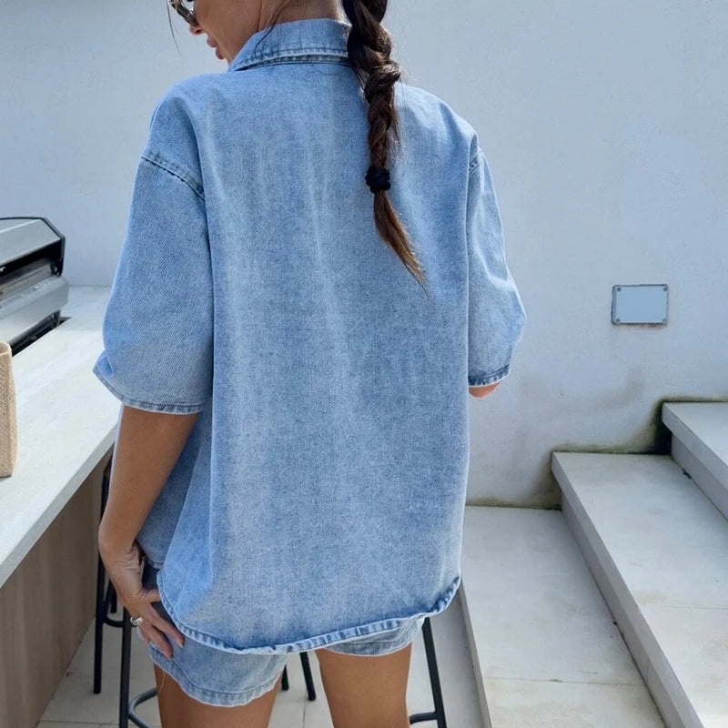 Casual Summer Denim Women's Two Piece Fashion Lapel Button Shirt with Tie Up Shorts Suit 2025 High Street Pocket Loose Outfits