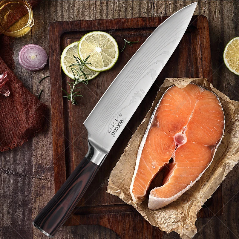 WXCOO Professional Kitchen Chef Knife Damascus Steel Laser Pattern Santoku Knife Double Side Magnetic Kitchen Knife Block