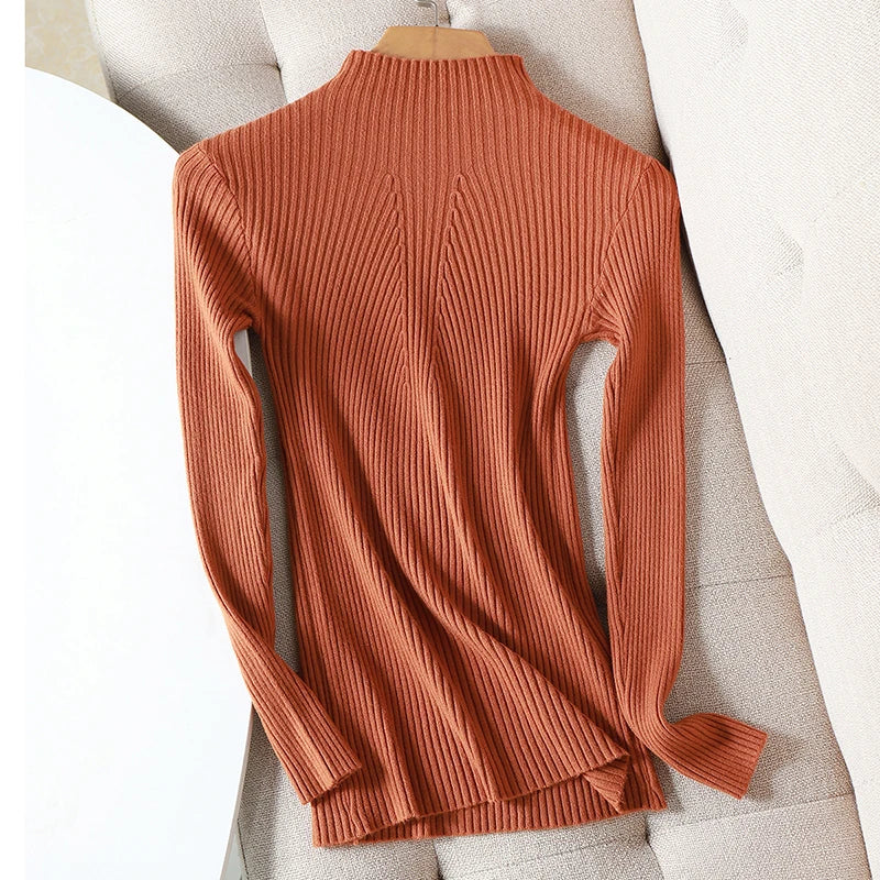 Pulover Livia cu guler înalt slim, cu nervuri - S-XL, mânecă lungă