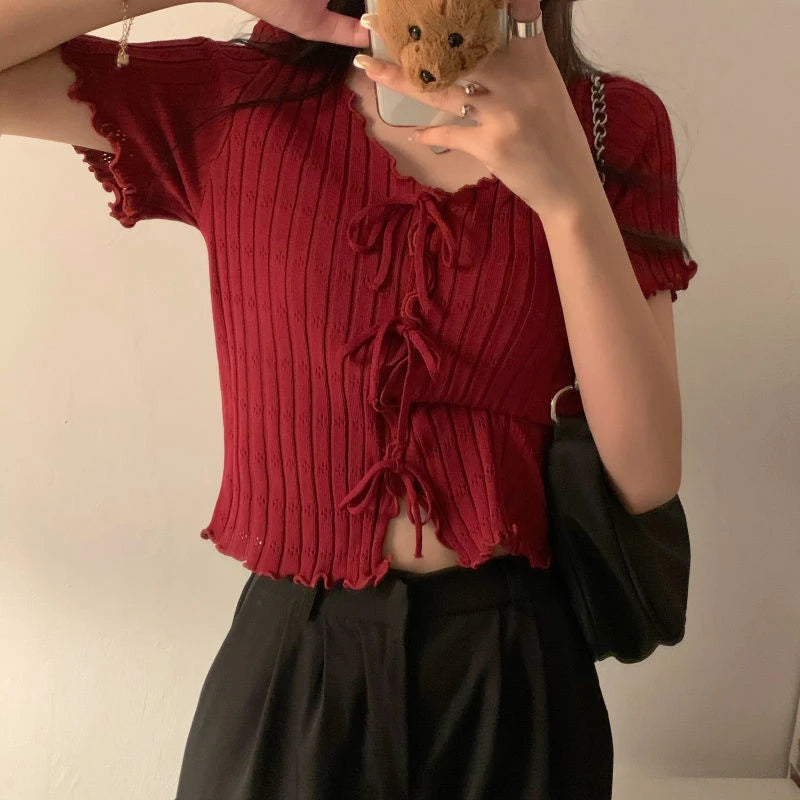 Knitted TShirt For Women V-neck Summer Simple Versatile Casual Crop Tops Bandage Ribbed Short Sleeve Women's Top T-Shirt Girl