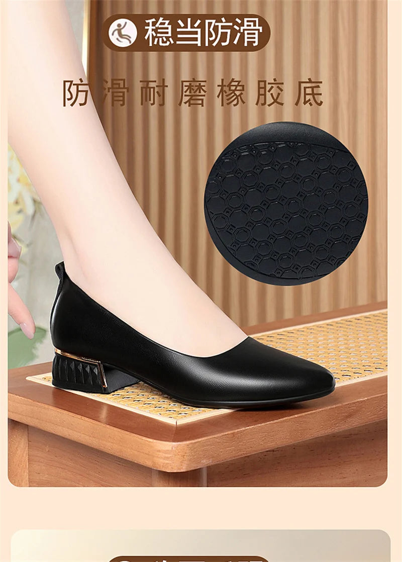 Simple Soft Leather Thick Heel Single Shoes For Women In Summer New Pointed Toe Low Heel White Work Shoes Elegant Comfortable
