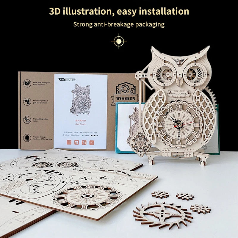 Holz-Puzzle 2025: Wooden 3D Owl Clock Model - Creative DIY Wall Clock Mechanical Retro Pendulum Collection