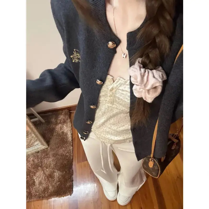 CN Guangdong Cardigan Locker Kurz Grau O-Neck Damen - Größe 4-16 Zoll, Polyester, Weich