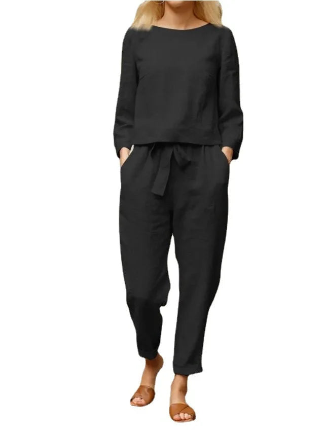 Suit Set Einfarbig Blusenhose Rundhals - Polyester Größe L