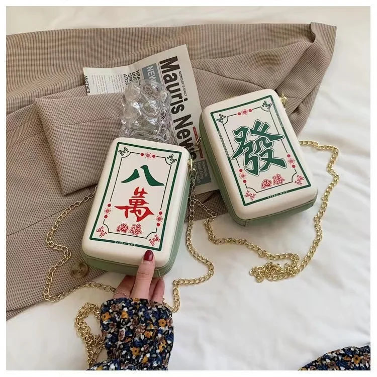 Geantă crossbody chinezească Mahjong pentru femei, creativă, interesantă, cu imprimeu, cu lanț, geantă de umăr, piele PU, geantă messenger la modă
