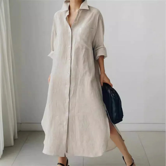 Rochie elegantă de primăvară la modă cu decolteu în V, mânecă lungă, bumbac și in, rochie Maxi, casual, de vacanță, 2024, halate
