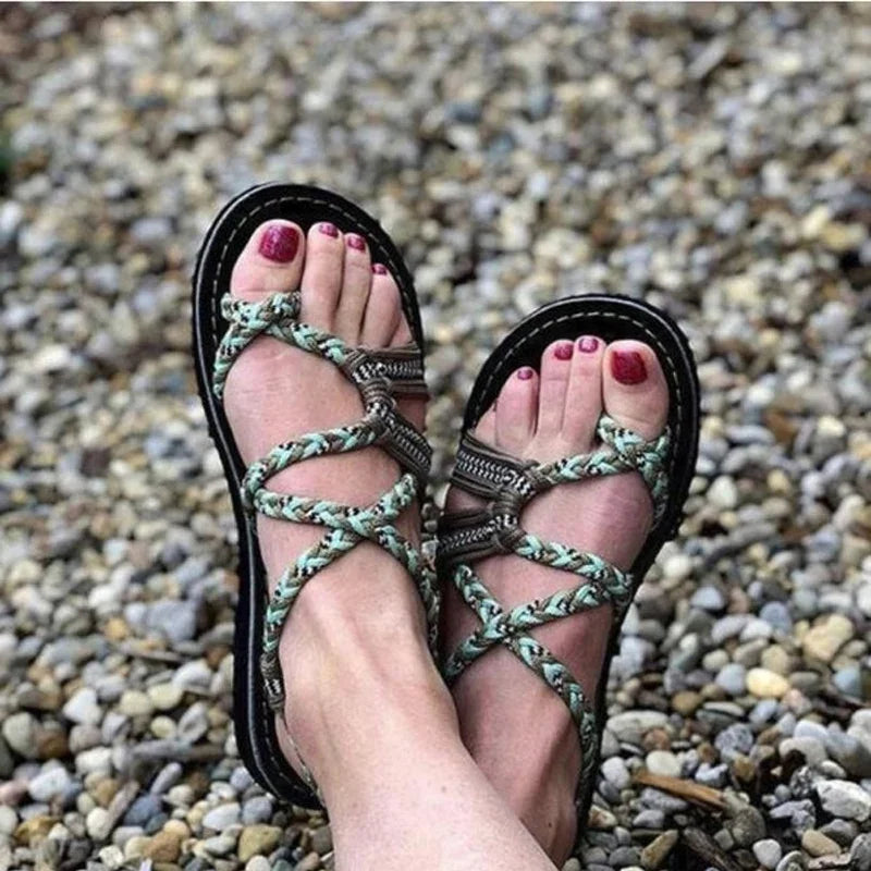Women Summer Flip Flop Sandals Shoes Mixed Color Matching Rope Knot Beach Toe Roman Sandals Casual Comfortable Plus Size Shoes
