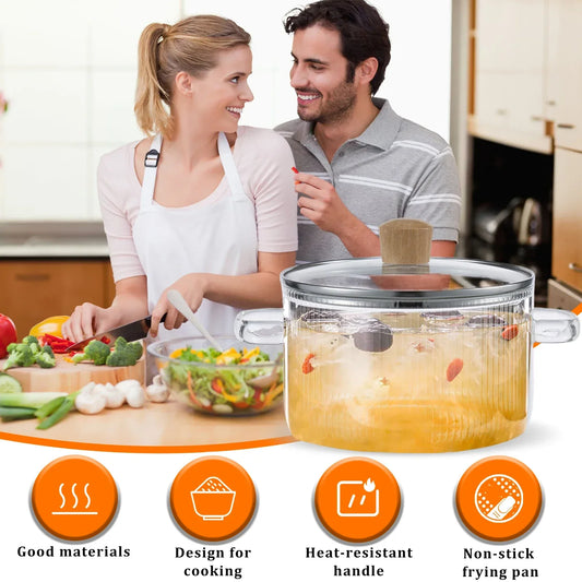 Glass Cooking Pot with Lid 1.6L/54oz Heat Resistant Glass Saucepan with Double Handles Non-Stick Borosilicate Glass Stovetop Pot - Golden Bridge Store