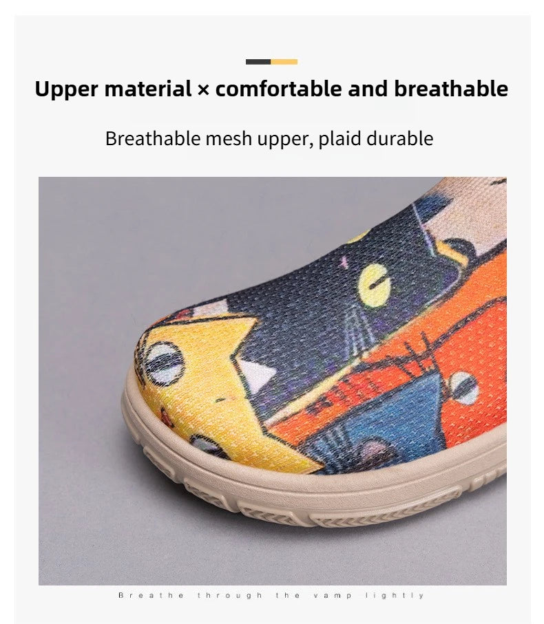 Women's Slip-On Sneakers Cat Print Spring Casual Shoes Plus Size Flat Sole Comfort Color Block Fabric Breathable Lightweight