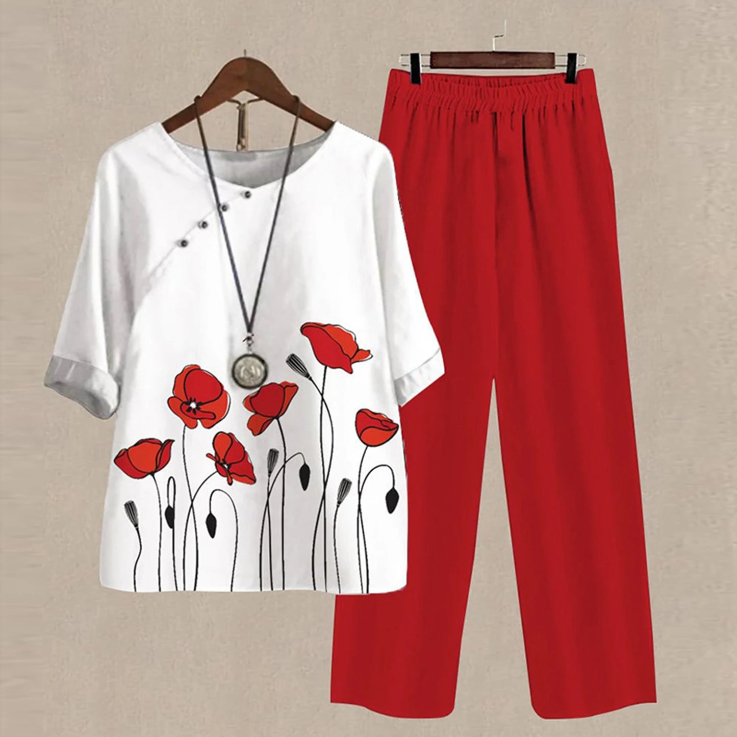 Elegant  Women Outfit Breathable Flower Pattern Blouse Trousers Half Sleeves Soft Blouse Pants Spring Clothes