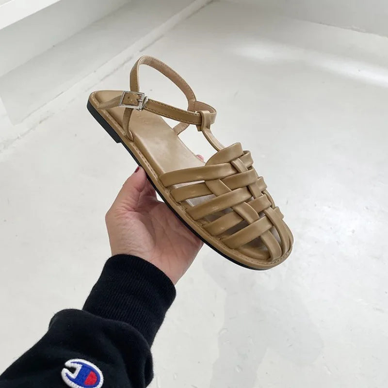 Frauen Flach Römisch Sandalen Sommer Neu Casual Runder Kopf Leicht Rutschfest Gewebt Schuhe Sommer Einfarbig Schnalle Hausschuhe